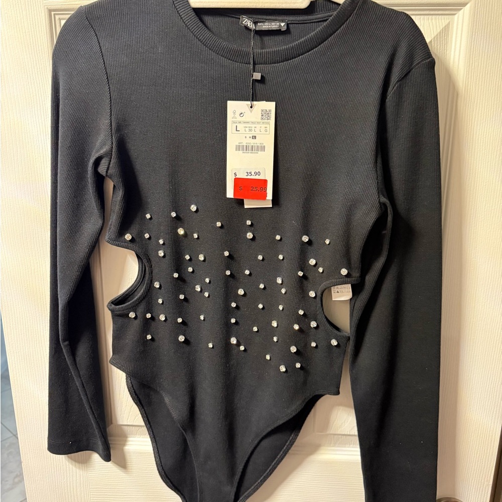 Black Long Sleeve Bodysuit with Pearl Accents